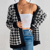 Kontrastfarbe Hahnentritt Strickjacke Mantel Strickpullover